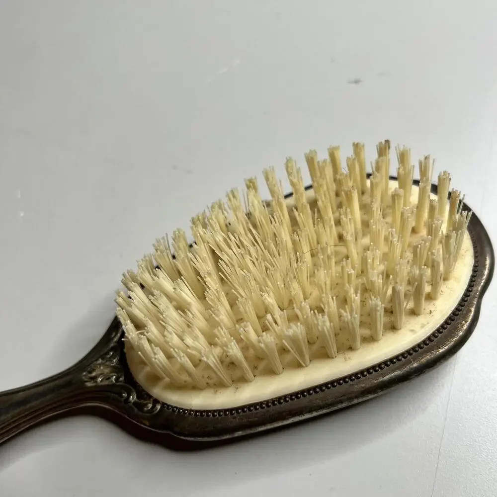 Vintage‎ Silver Tone Hair Brush Ornate Floral Handle Vanity Grooming Decor